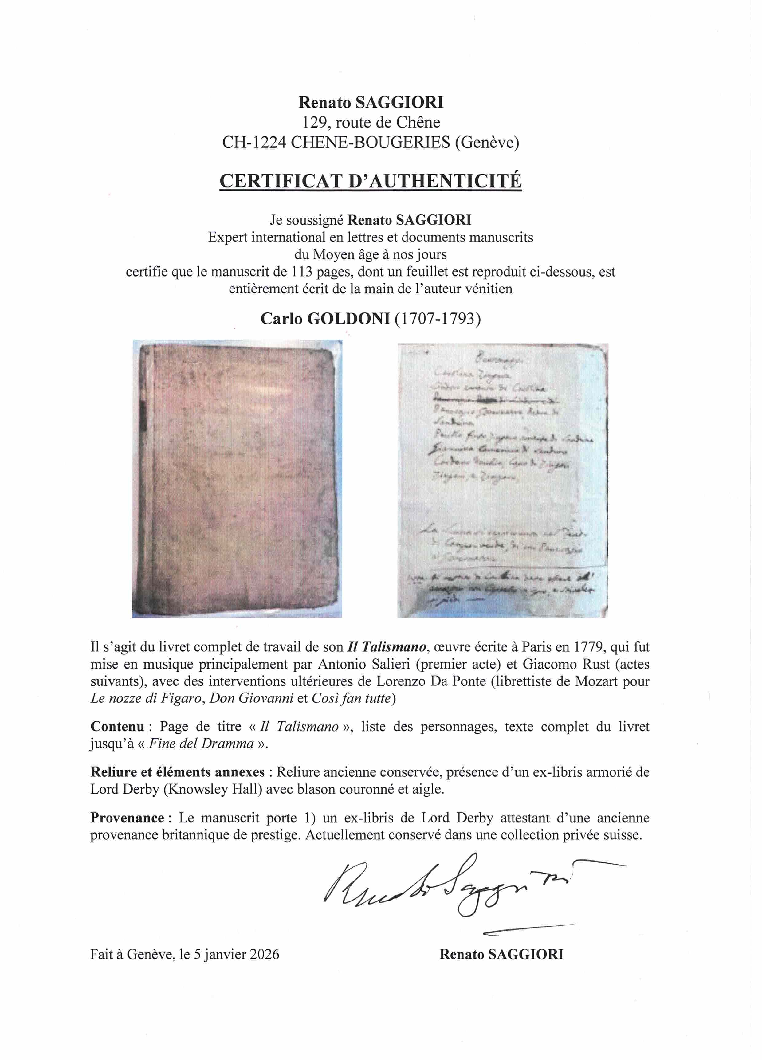 Short Certificate of Authenticity by Renato Saggiori