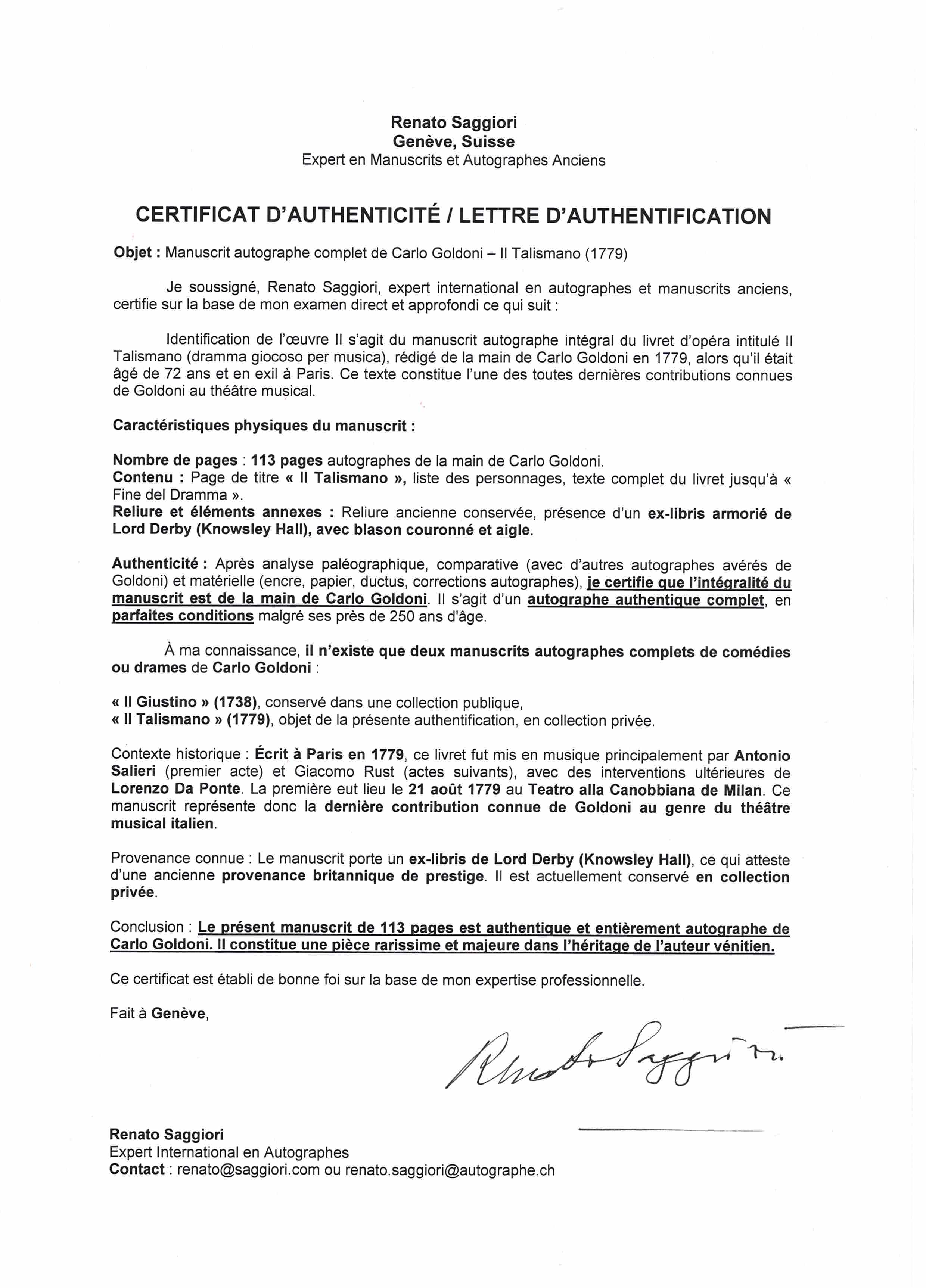Detailed Authentication Letter by Renato Saggiori