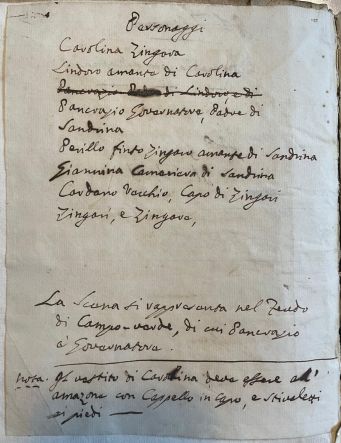 Characters list of Il Talismano original manuscript by Carlo Goldoni